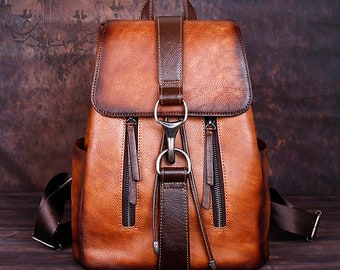 Handmade Premium Leather Backpack - Large Capacity Vintage Aesthetic College Women's Custom Retro Brown Bag