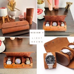 Personalized Leather Watch Case Engraved Watch Holder for Mom Unique Mother's Day Gift Elegant Watch Organizer Custom Watch Box Light Brown Design 1