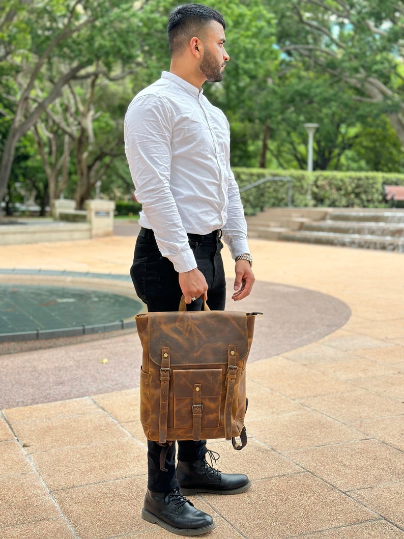 Handcrafted Full Grain Leather Backpack Vintage Style Laptop Bag With