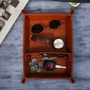 Personalized Leather Valet Tray for Men with Monogram or Handwriting Engraving - Custom Real Leather Catchall Accessory Tray Gift for Him