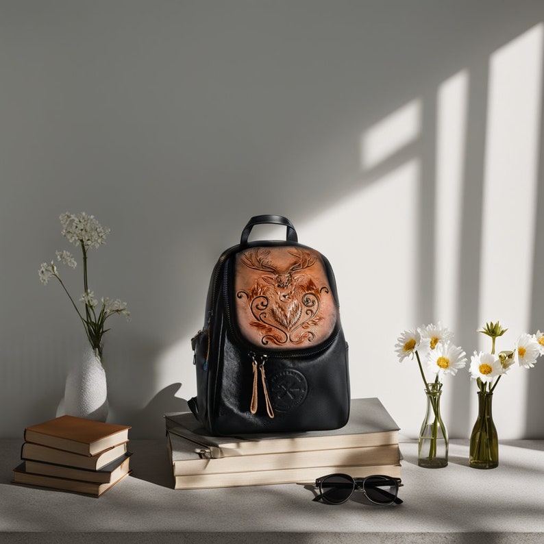 Leather Backpack for Women Floral Embossed, Lightweight & Durable Chic Handcrafted Rucksack Available in Multiple Colors Black