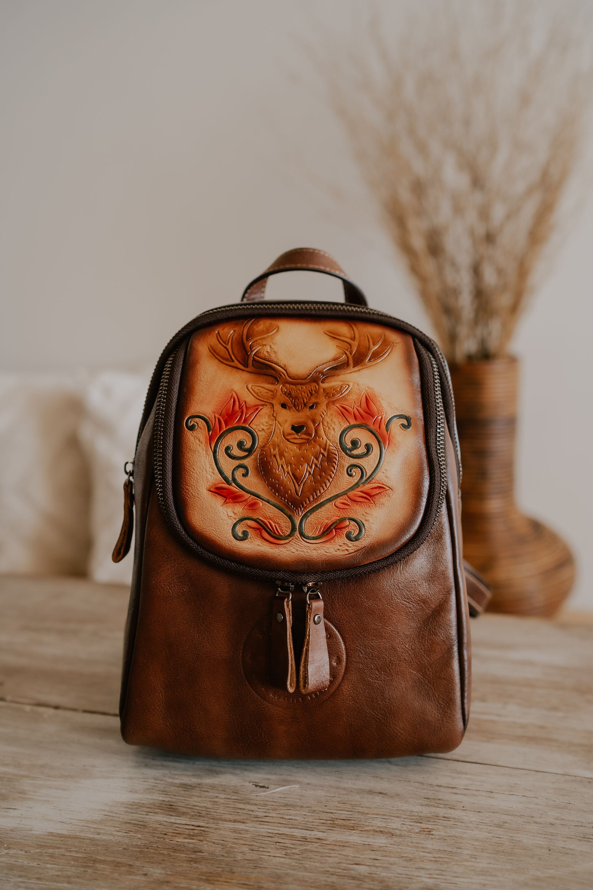 Tan Floral Embossed Backpack Floral Embossed Leather Backpack: Lightweight Women main image 3