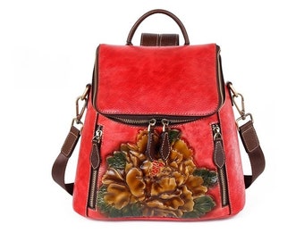 Handmade Women's Flower Leather Backpack | Premium Mini Vintage Custom Women's College Retro Camera | Monogram Cool Flower Bag