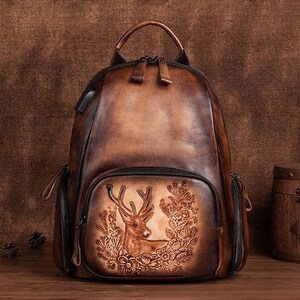 Royal Handmade Leather Backpack Large Capacity Vintage & Aesthetic College Bag for Women Brown and Black Retro Backpack image 7