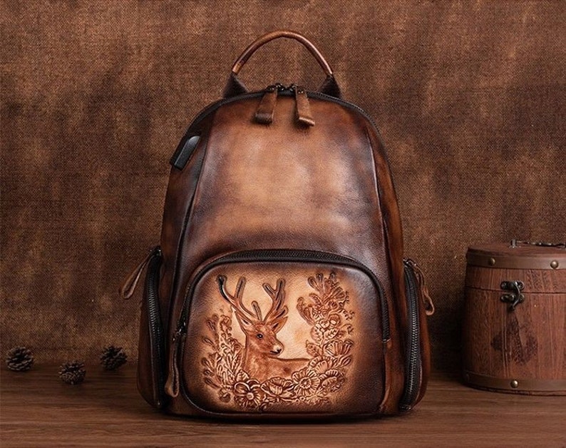 Royal Handmade Leather Backpack Large Capacity Vintage & Aesthetic College Bag for Women Brown and Black Retro Backpack image 7