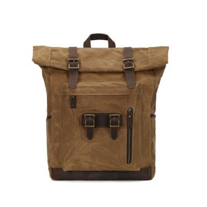 Vintage-Inspired Waxed Canvas Backpack - Durable Roll-Top Laptop Bag with Leather Accents, Unisex Travel Rucksack with Multiple Pockets