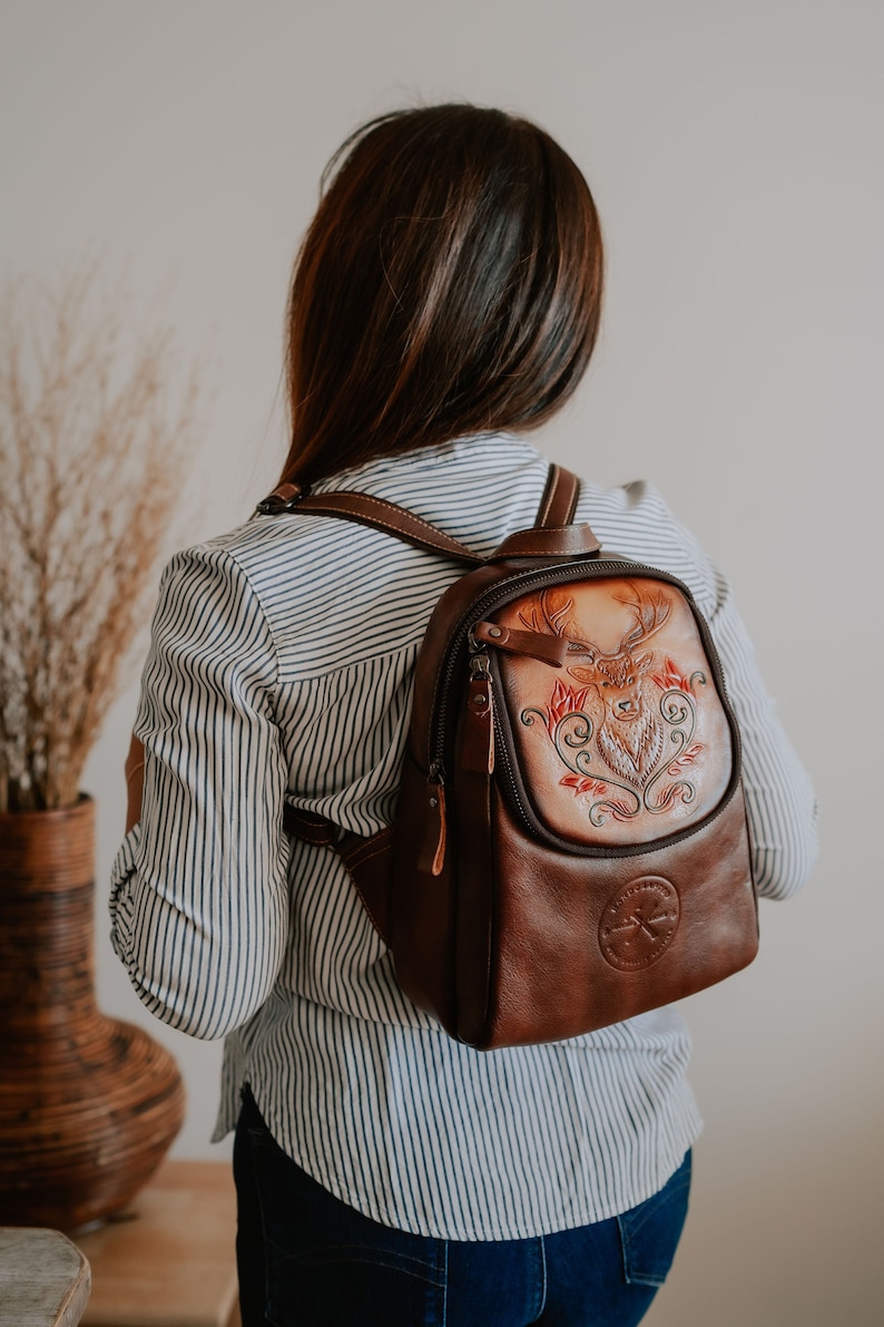Handmade Retro Coffee Genuine Cow Leather Women's Mini Backpack with Floral Pattern. Lightweight Soft Shoulder Straps Floral Pattern Leather Bag