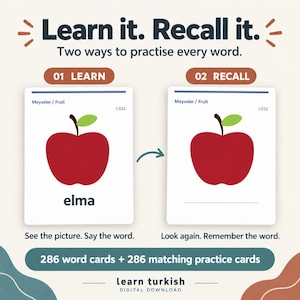 May include: Educational flashcards for learning Turkish featuring a red apple illustration. The cards display the text Meyveler / Fruit, I-032, and elma. The set includes 286 word cards and 286 matching practice cards with the title Learn it. Recall it.