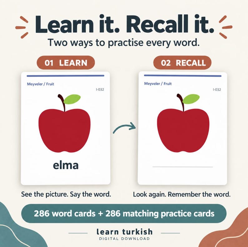 May include: Educational flashcards for learning Turkish featuring a red apple illustration. The cards display the text Meyveler / Fruit, I-032, and elma. The set includes 286 word cards and 286 matching practice cards with the title Learn it. Recall it.