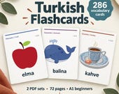Turkish Vocabulary Flashcards: 286 Illustrated Learning Cards, Beginner A1 Printable PDF Bundle
