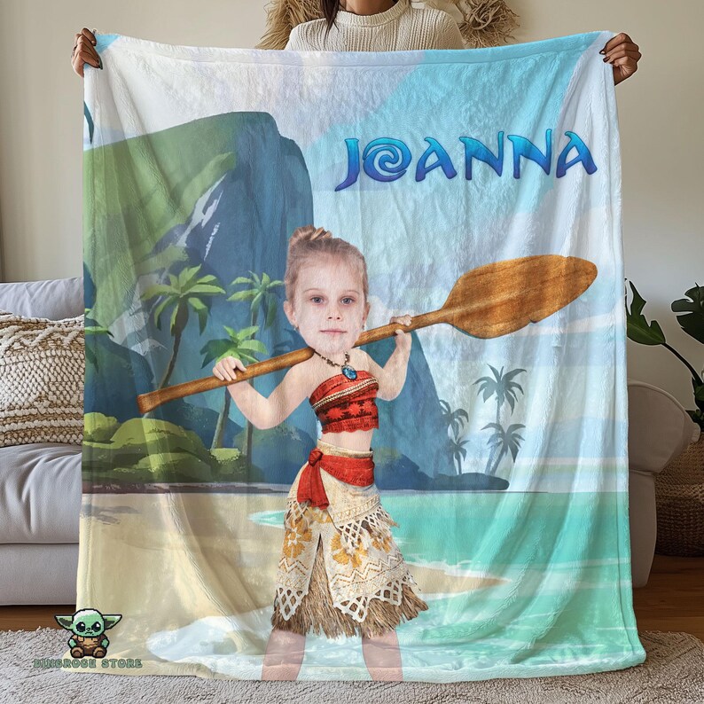 Personalized Face Moana Blanket, Baby Girl Princess Moana Birthday