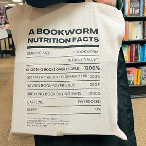 A Bookworm Nutrition Facts Tote Bag| Tote Bag for Book Lovers| Gifts for Book lovers| Present for her| Christmas gift for her