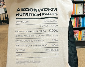 A Bookworm Nutrition Facts Tote Bag| Tote Bag for Book Lovers| Gifts for Book lovers| Present for her| Christmas gift for her