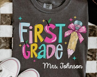 Comfort Colors First Grade Teacher Shirt, Back to School 1st Grade Tee, Teacher Appreciation Gift, Cute Elementary School, Coquette Bow