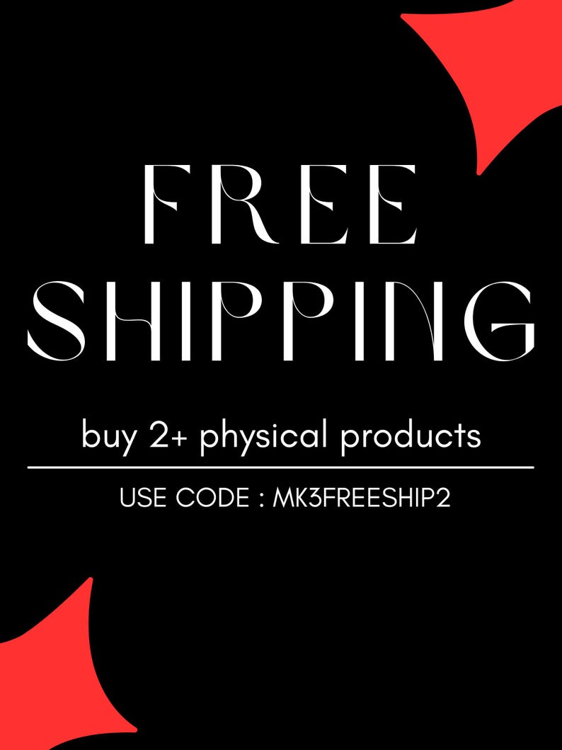 May include: A black rectangular graphic with red corner accents featuring the white text FREE SHIPPING, buy 2+ physical products, and the code MK3FREESHIP2. The design uses a bold serif font for the main heading and a simple sans-serif for details.