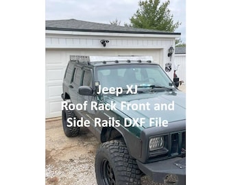 May include: A green Jeep XJ with a silver roof rack and side rails. The text "Jeep XJ Roof Rack Front and Side Rails DXF File" is written on the front of the vehicle.