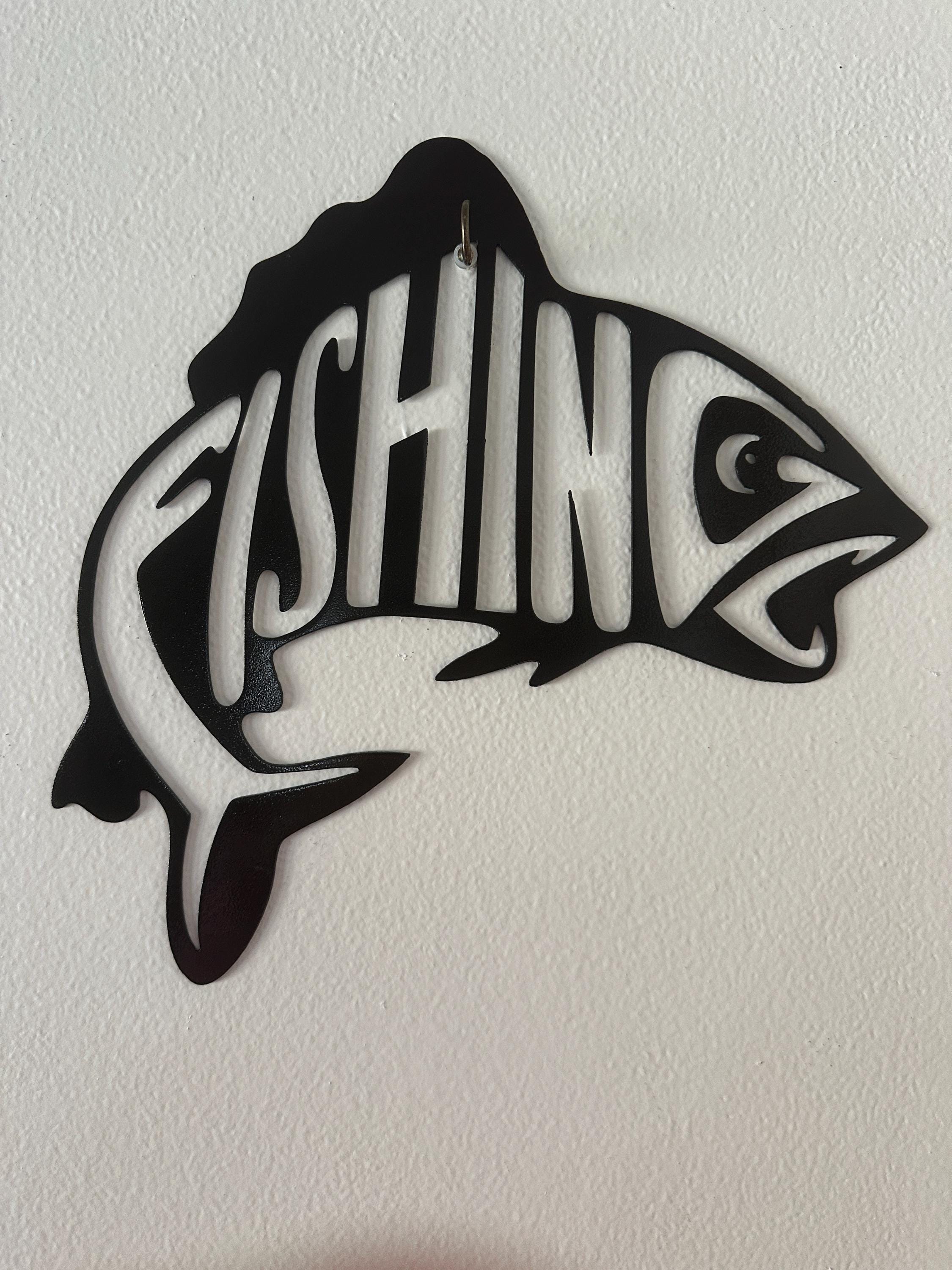 Metal Fish Shape Sign With Fishing Letters – Rustic Nature Decor - Bass ...