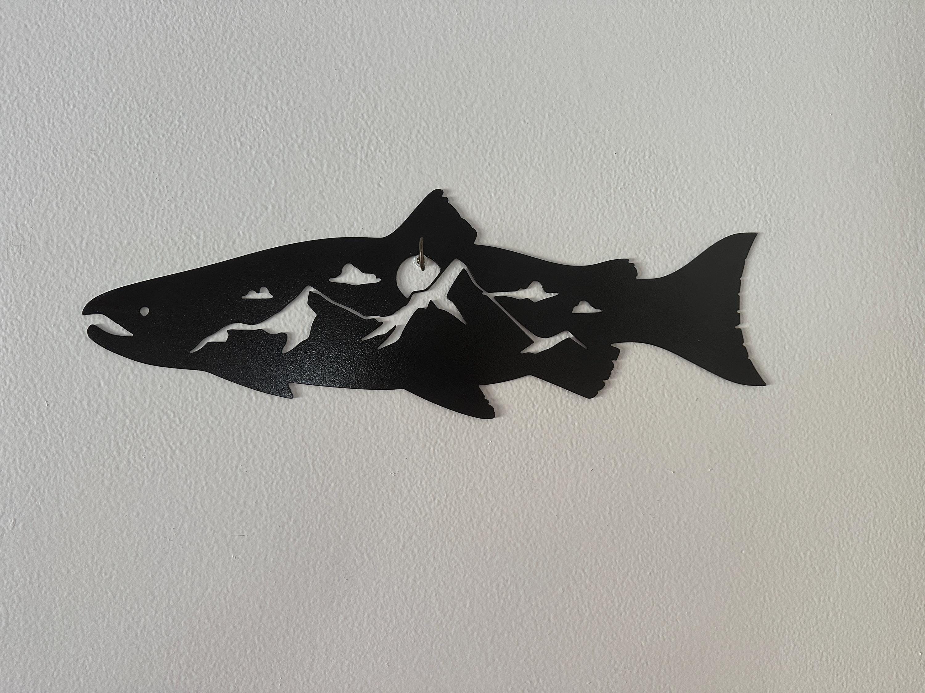 Metal Fish Shape Sign With Mountain Scene – Rustic Nature Decor ...