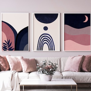 Pink Wall Art Prints Set, Mid Century Modern Art, Abstract Art, Navy and Pink Wall art, Gallery wall set, Printable Wall Art, Digital Prints