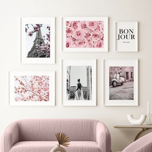 Pink Wall Art Prints Set, Printable Paris Wall Art Pink Flower Print, Digital Prints Pink, Photography Prints, Pale Pink Gallery Wall Prints