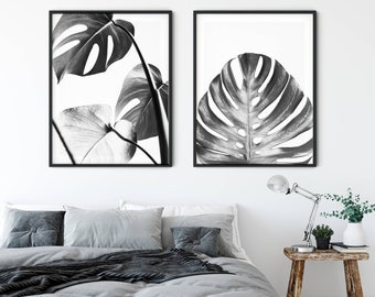 Monstera Wall Decor, Monstera Poster, Monstera Wall Art, Set of 2, Tropical Plant Art, Black and White Wall Art, Printable, Monstera Print