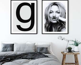 Modeväggkonst, set med 2 tryck, svartvitt, fotografitryck, Kate Moss, digital nedladdning, modeaffisch, flickvänlig väggkonst