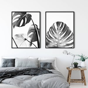 Monstera Wanddeko, Monstera Poster, Monstera Wandkunst, 2er Set, Tropische Pflanzen Kunst, schwarz und weiß Wandkunst, printable, Monstera Druck