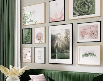Pink and green gallery wall set, printable wall art, emerald green wall art, eucalyptus leaves, succulent print nature prints peony wall art