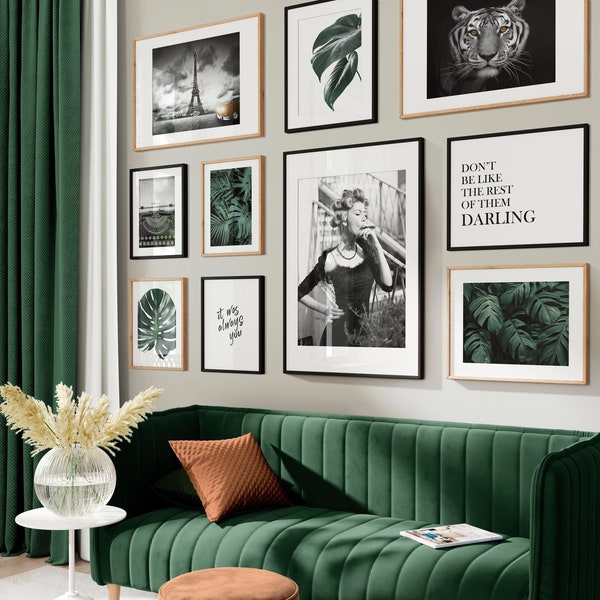 Gallery Wall Set, Black and White, Emerald Green Art, Digital Prints, Above Bed Art, Monstera Leaves, Tiger Print, Female Photography