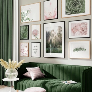 Green and pink wall art, gallery wall set, blush pink wall art, nordic wall art, eucalyptus leaves, emerald green wall art, nature wall art