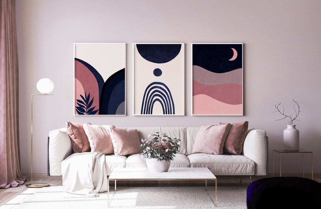 Pink Wall Art Prints Set, Mid Century Modern Art, Abstract Art, Navy ...