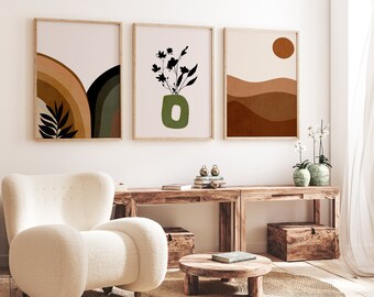 Boho Wall Decor, Set of 3, Terracotta Art, Abstract Art Prints, Mid Century Modern, Gallery Wall Set, Printable Wall Art, Instant download