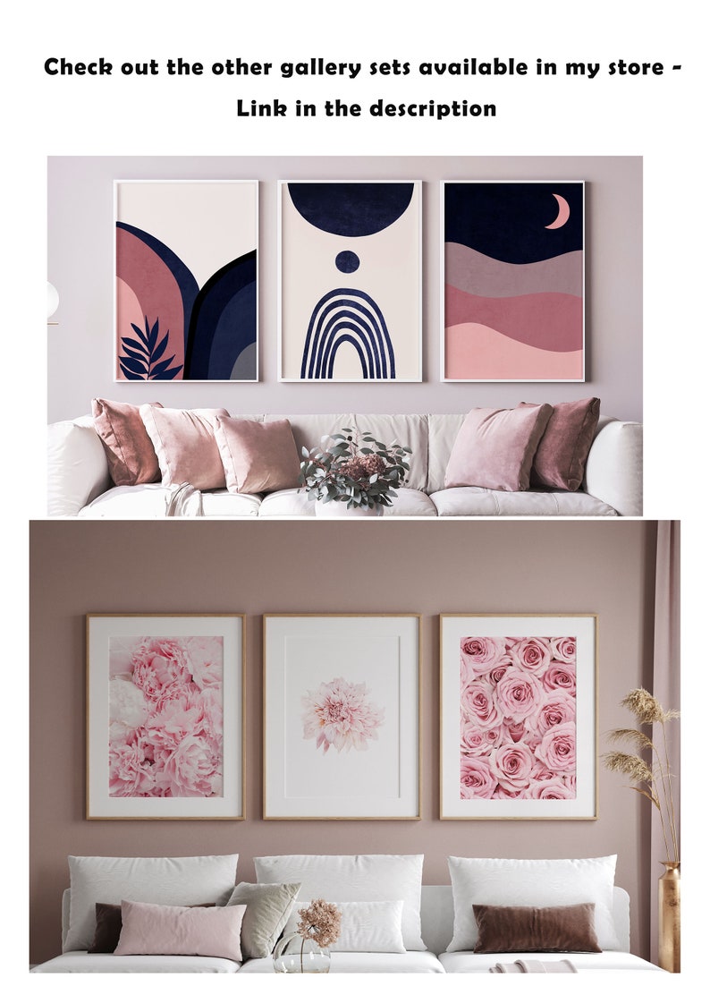 May include: Three framed prints of abstract art with pink, blue, and white colors. The prints are hanging on a light pink wall above a white couch with pink pillows.