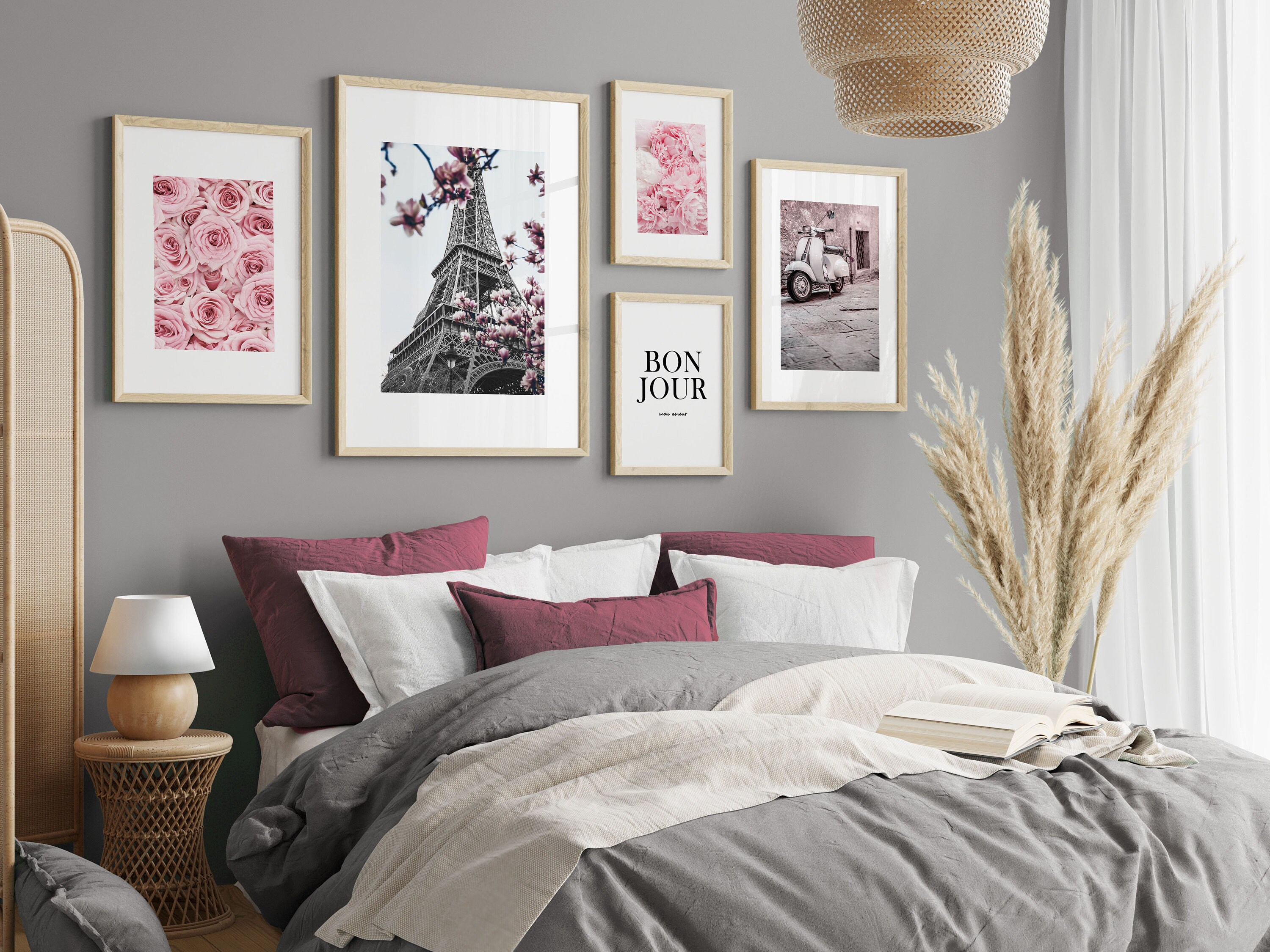 Pink Wall Art Prints Set, Printable Paris Wall Art Pink Flower Print ...