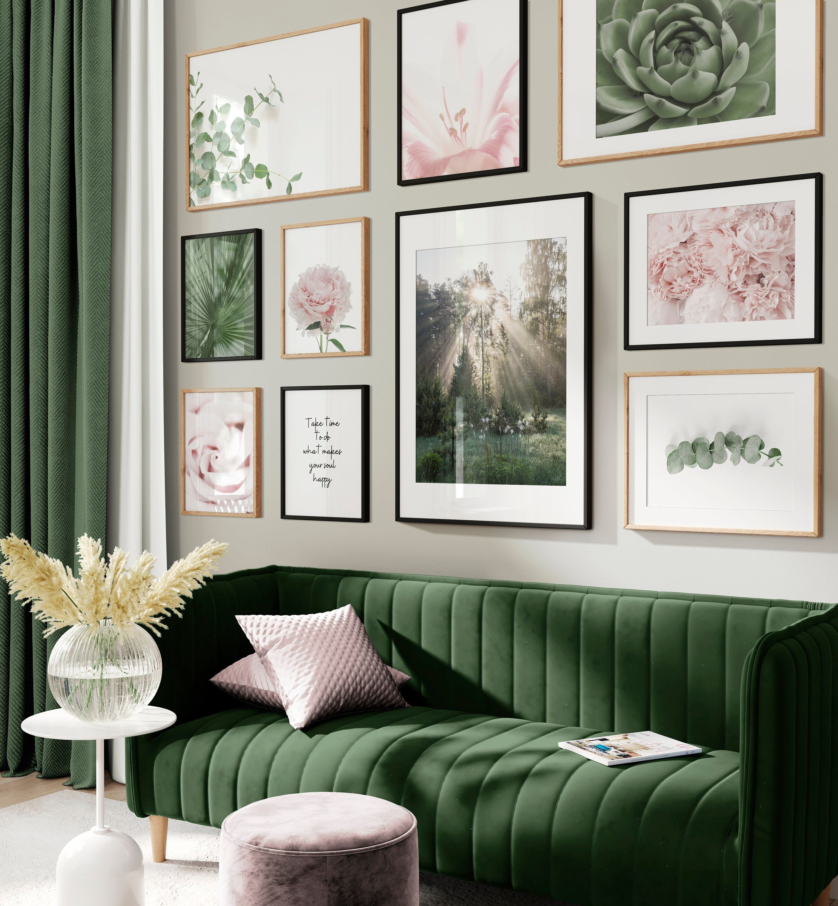 Pink and Green Gallery Wall Set, Printable Wall Art, Peony Wall