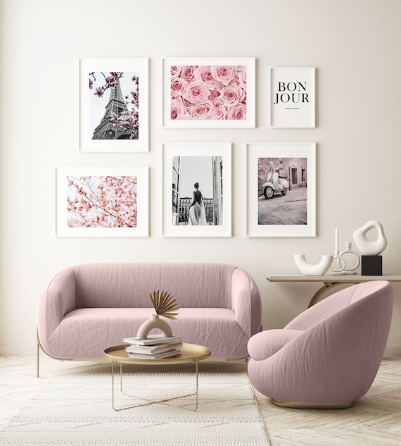 Pink Wall Art Prints Set Printable Paris Wall Art Pink Flower | Etsy