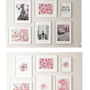 May include: A set of nine framed prints featuring various floral and Parisian-themed images. The prints are arranged in a grid pattern on a white wall. The images include a close-up of pink roses, a view of the Eiffel Tower, a woman standing on a balcony, a vintage scooter, and a single pink flower.