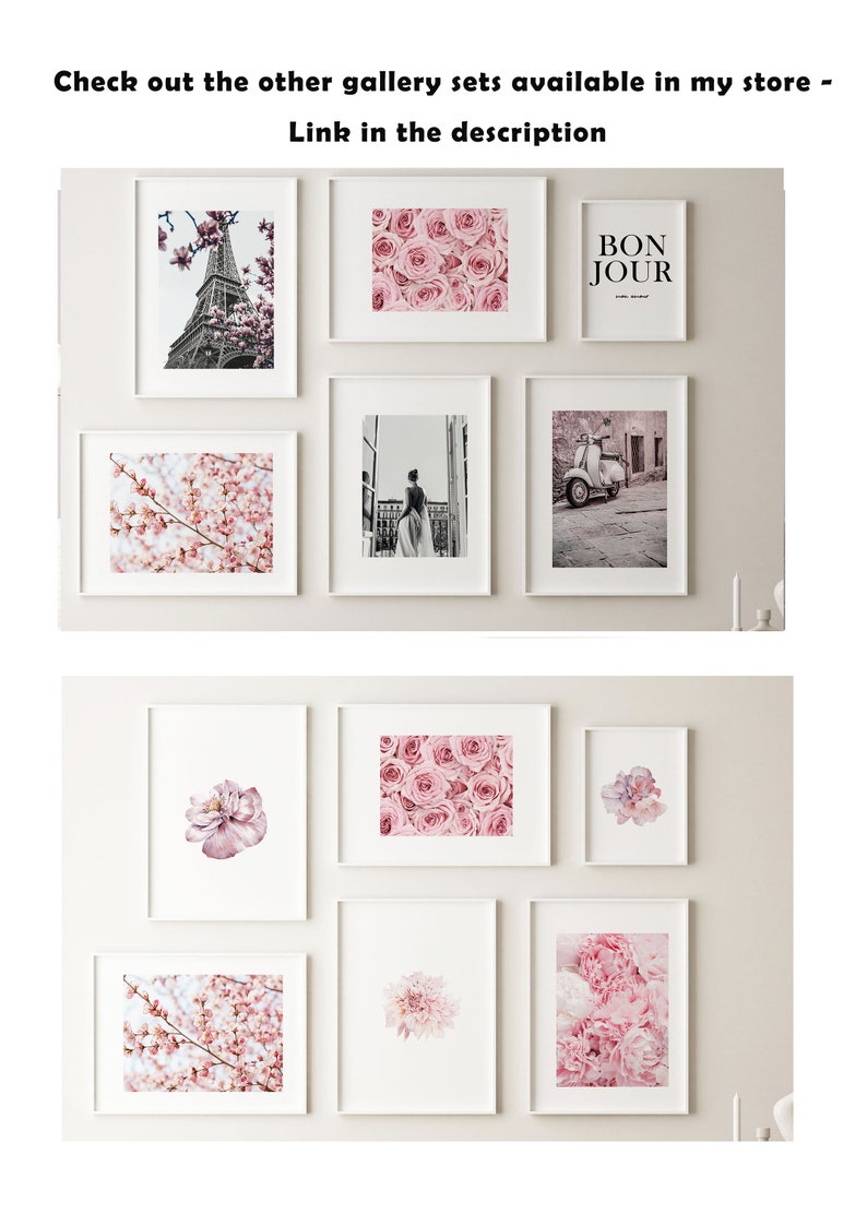 May include: A set of nine framed prints featuring various floral and Parisian-themed images. The prints are arranged in a grid pattern on a white wall. The images include a close-up of pink roses, a view of the Eiffel Tower, a woman standing on a balcony, a vintage scooter, and a single pink flower.