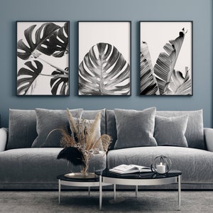 Monstera Leaves Print, Palm Leaf Wall Art, Tropical Plant Art, Gallery Wall Set, Black and White, Printable Wall Art, Palm Leaves Print