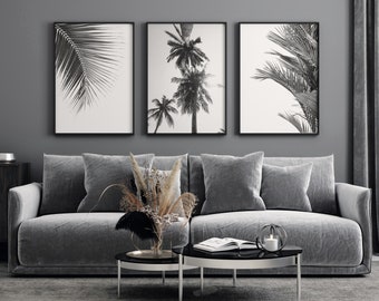 Väggkonst med palmträd, svartvitt, set med 3 tryck, väggkonst med palmblad, utskrivbar väggkonst, palmträdfoto, tropisk väggkonst med palmblad