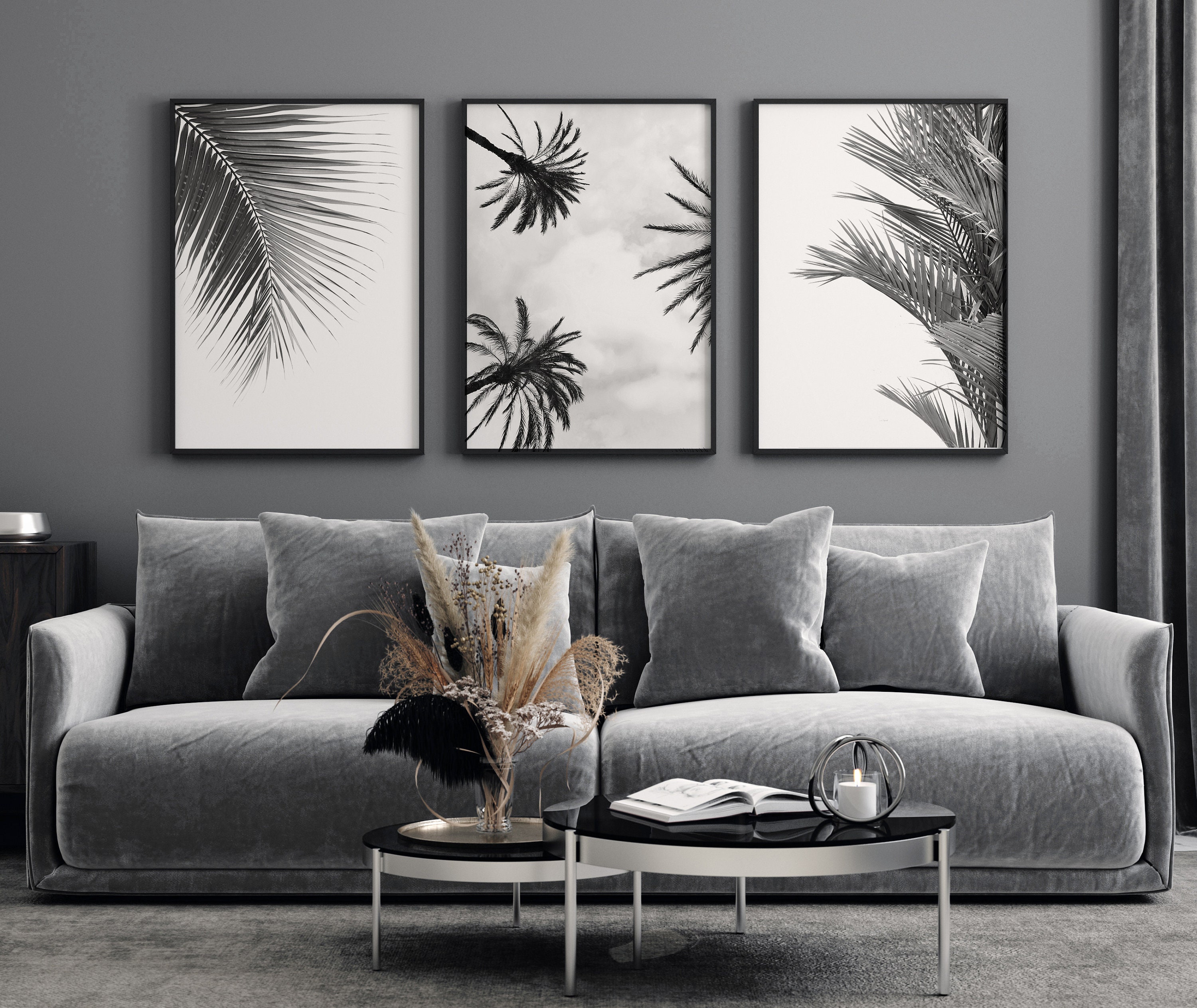 Black and White Palm Tree Print Set of 3, Gallery Wall Set, Palm Leaf ...