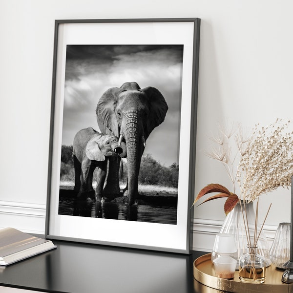 Impresión de elefante, arte de elefante blanco y negro, descarga digital, arte de la pared de elefante, madre elefante, decoración de elefante, elefante imprimible