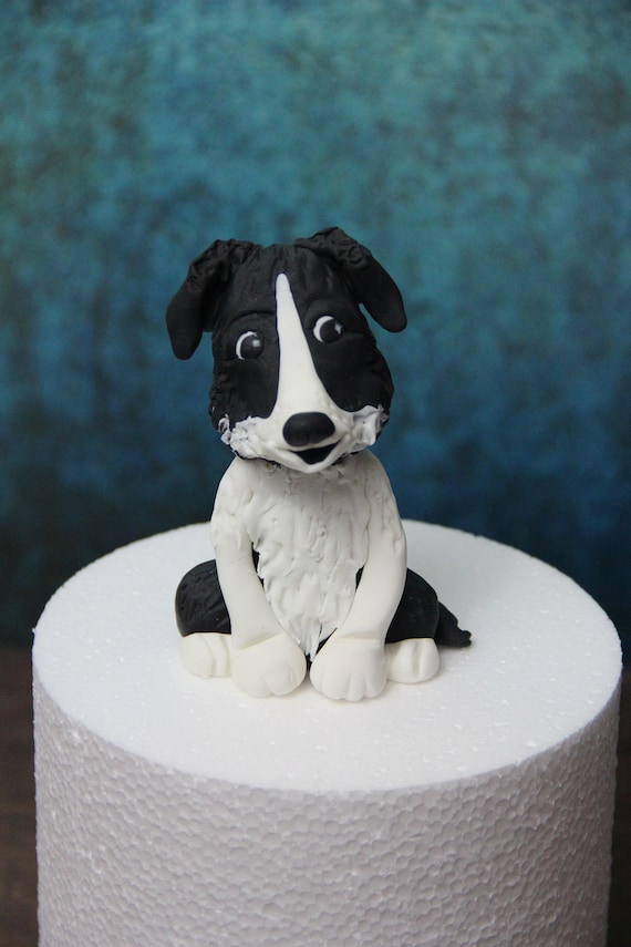 Black white BORDER COLLIE DOG edible handmade figurine party cake topper