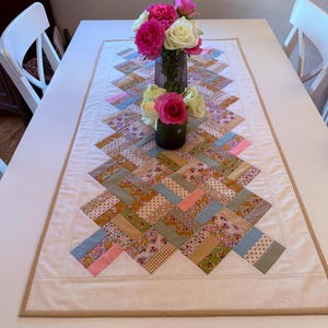 May include: A patchwork table runner with a beige border, featuring floral and geometric patterns in pastel shades. The runner is placed on a white table, with two vases of pink and white roses. The runner's design is a zig-zag pattern.