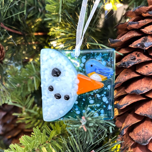 Fused Glass Snowman Ornament: Winter Bird Suncatcher