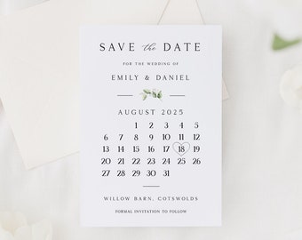 Save The Date Cards | Minimal Save The Dates with Envelopes | Modern Calendar Eucalyptus Save The Dates