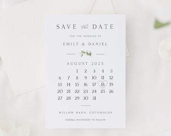 Save The Date Cards | Minimal Save The Dates with Envelopes | Modern Calendar Eucalyptus Save The Dates