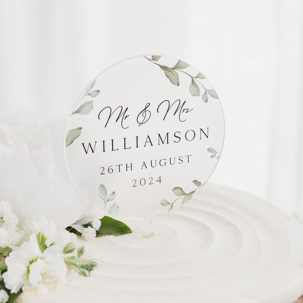 Wedding Cake Topper | Mr & Mrs Cake Topper | Personalised Wedding Cake Topper | Eucalyptus Wedding Cake Decorations | Acrylic Cake Topper