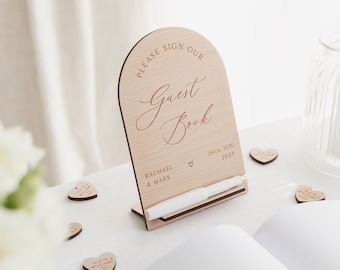 Wedding Guest Book Sign | Oak Sign Our Guestbook Sign | Rustic Wedding Guest Book Sign with Pen Holder | Wedding Table Decor