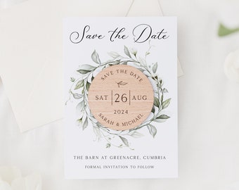 Save The Date Cards with Wooden Magnets | Botanical Floral Save The Dates with Envelopes | Modern Elegant Save The Dates